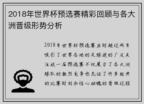 2018年世界杯预选赛精彩回顾与各大洲晋级形势分析